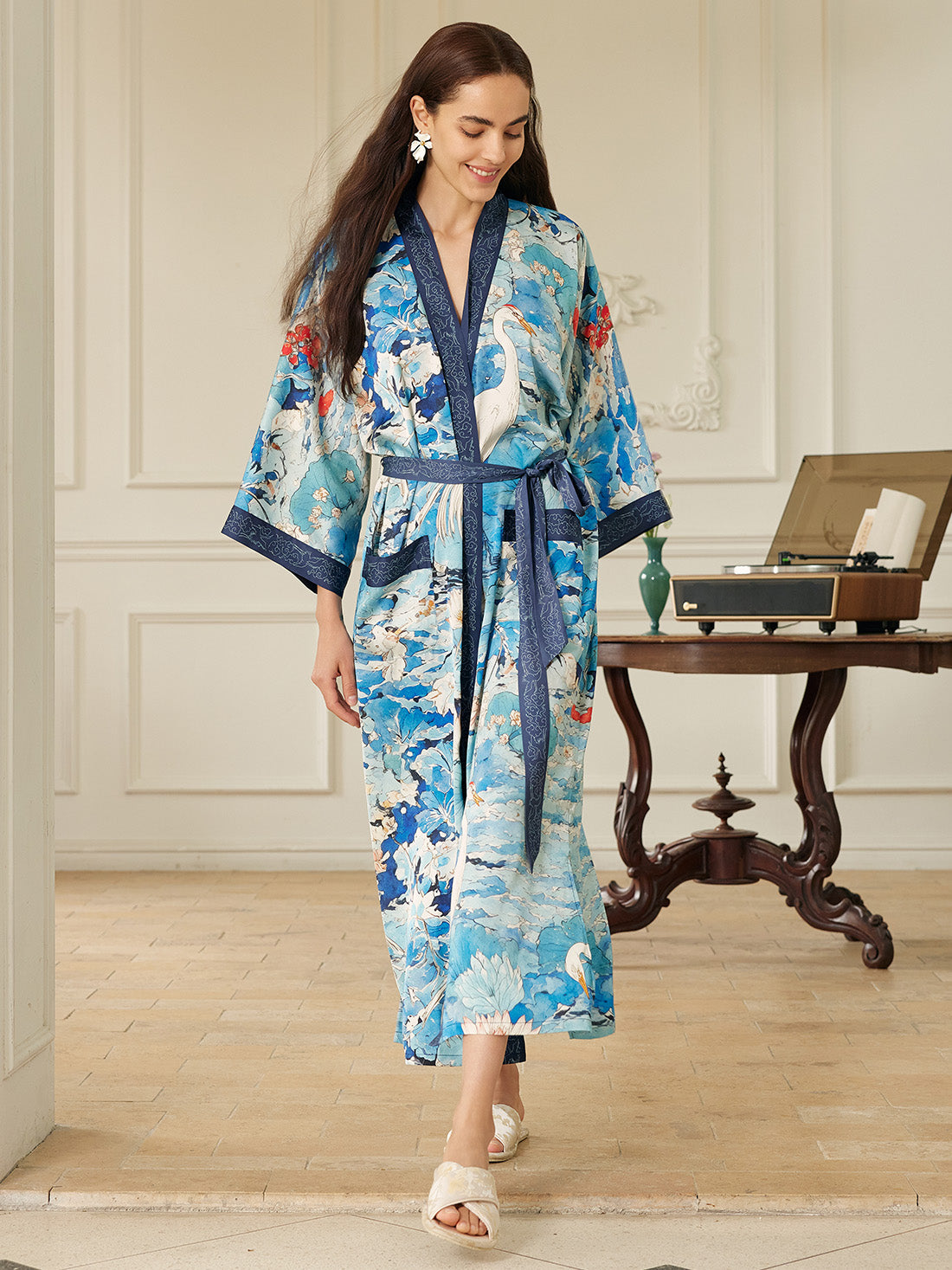 Graceful Lotus & Crane Kimono Robe with Pockets