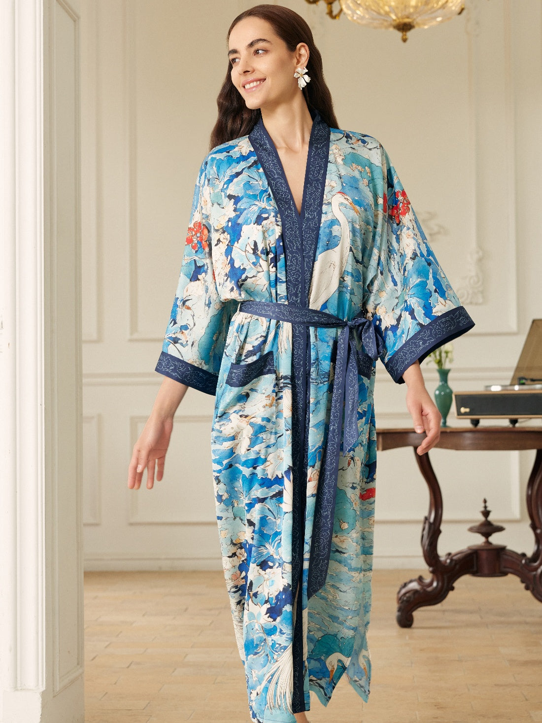 Graceful Lotus & Crane Kimono Robe with Pockets