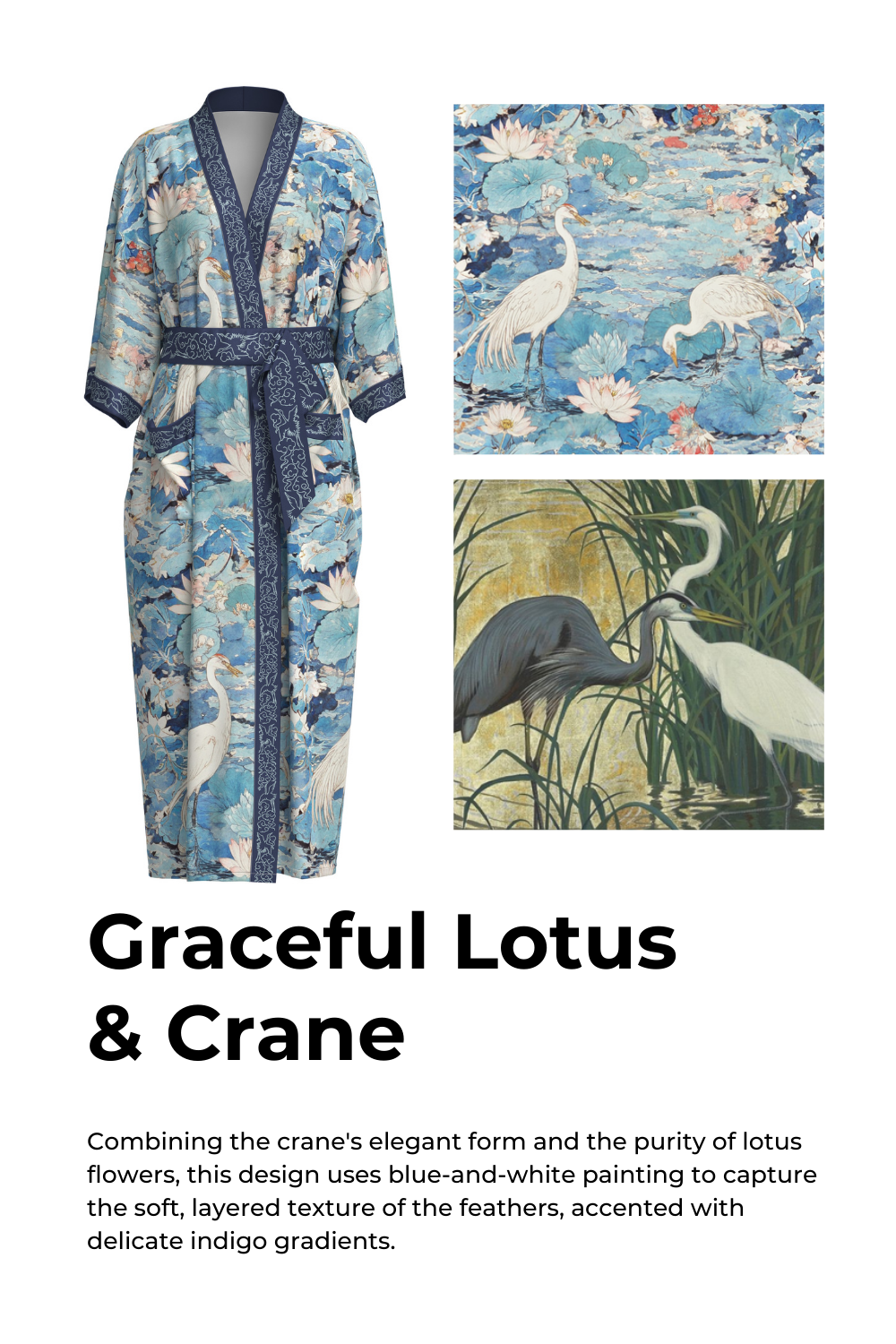 Graceful Lotus & Crane Kimono Robe with Pockets