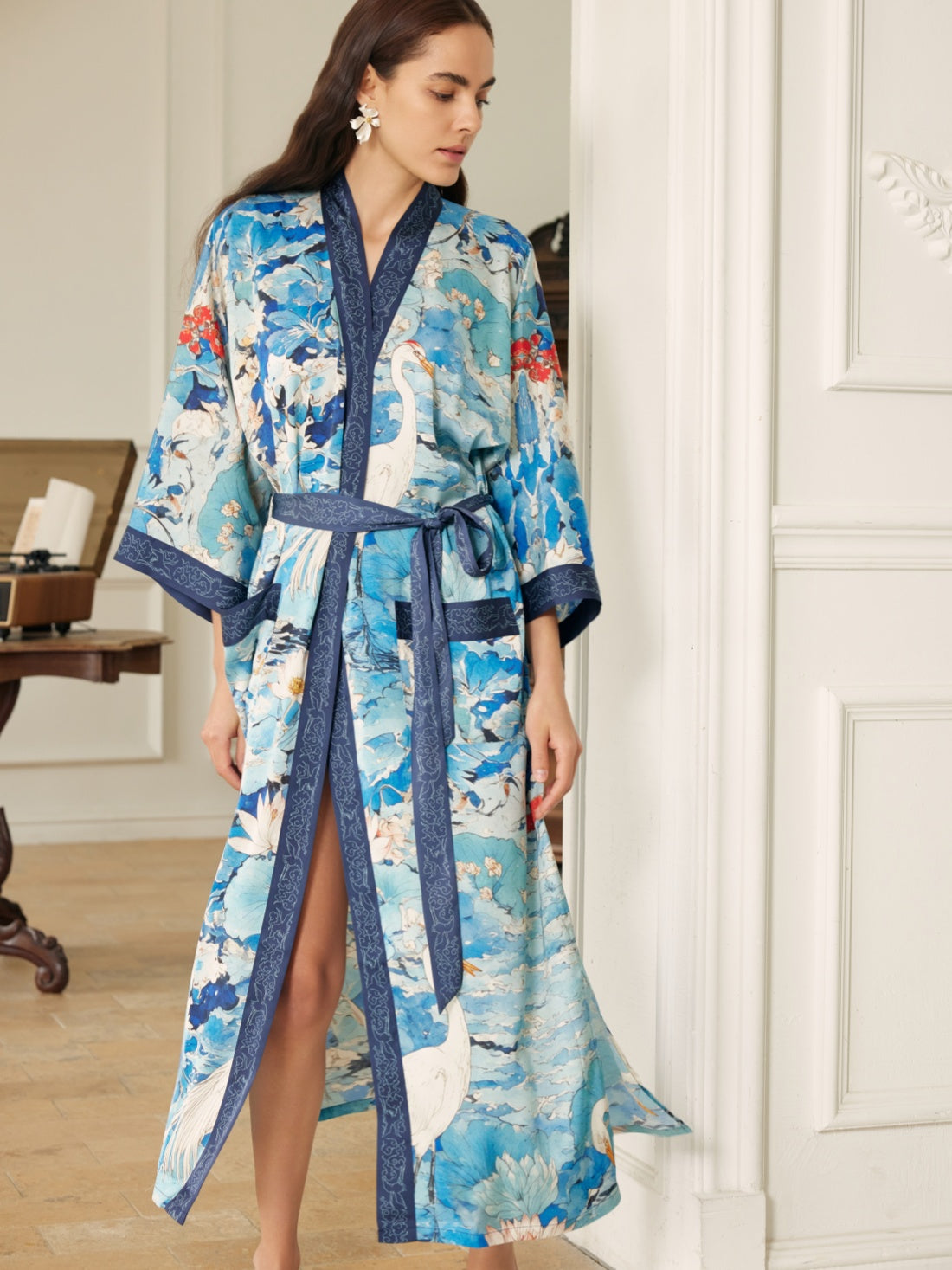 Graceful Lotus & Crane Kimono Robe with Pockets