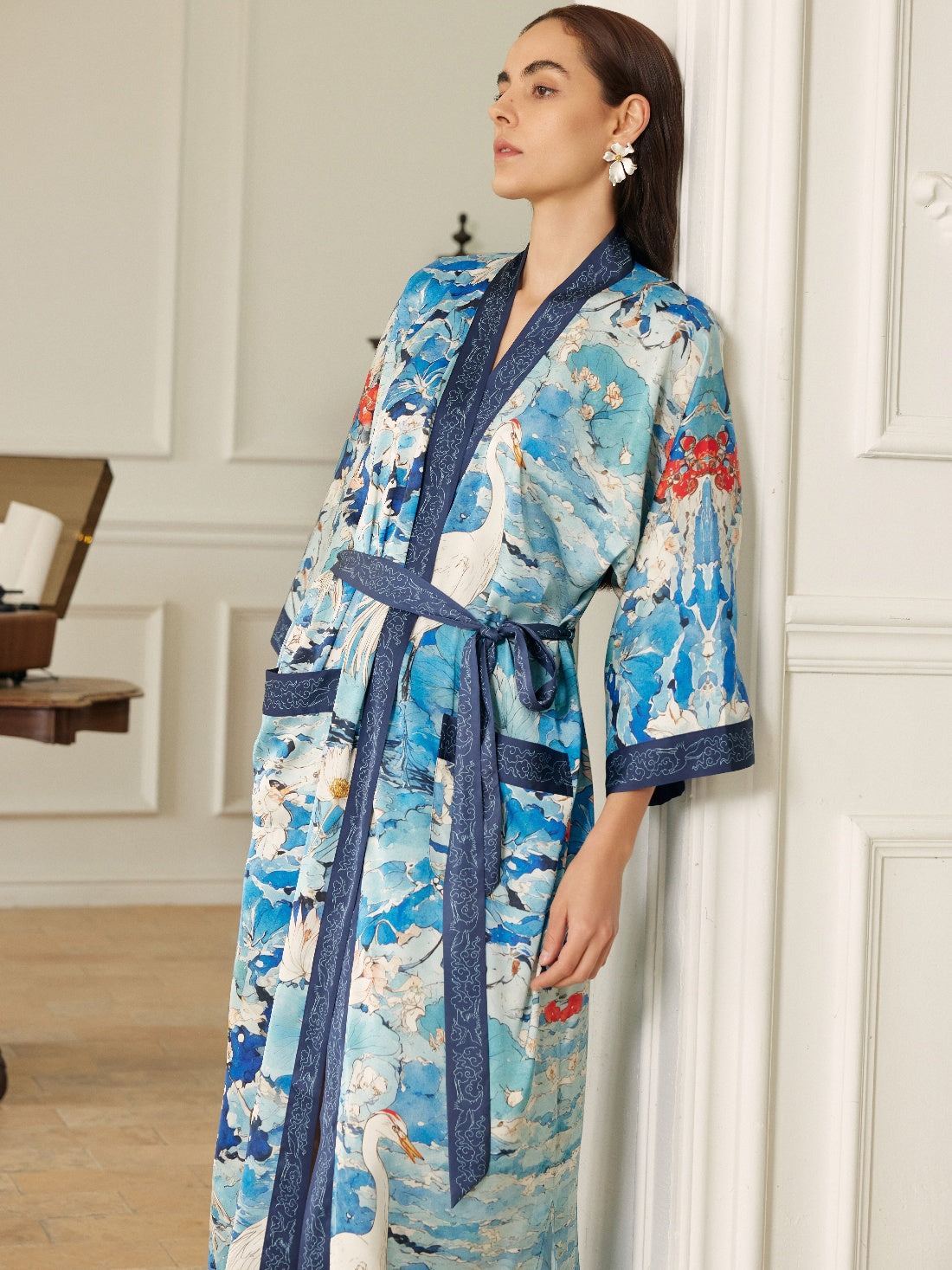 Graceful Lotus & Crane Kimono Robe with Pockets