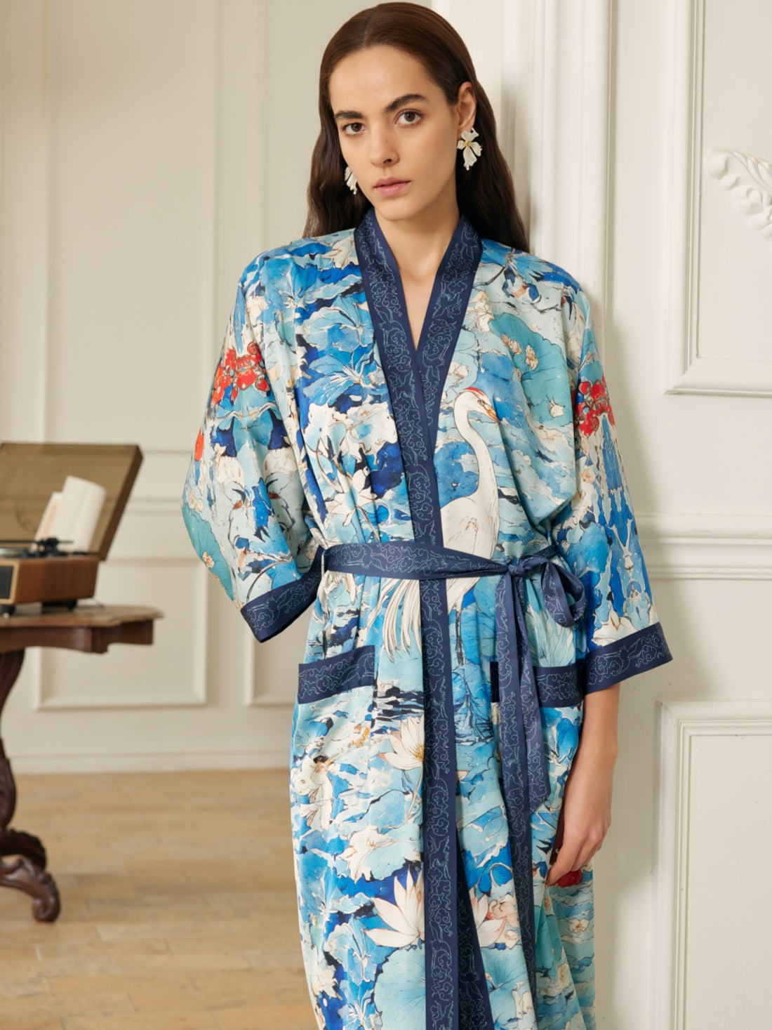 Graceful Lotus & Crane Kimono Robe with Pockets