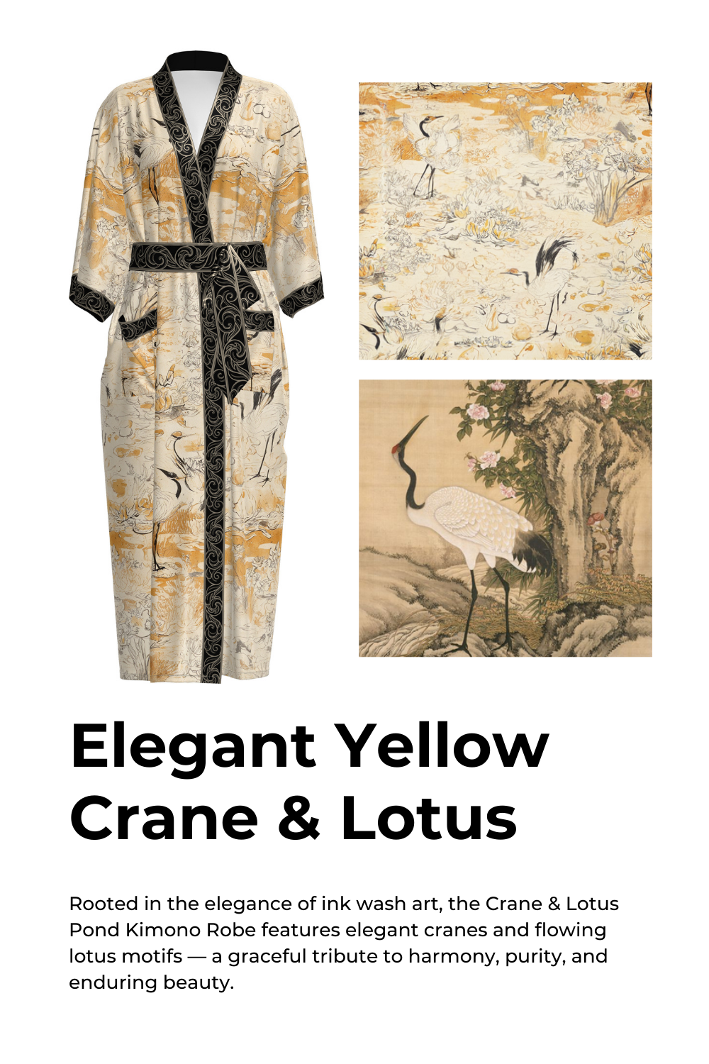 Elegant Yellow Crane & Lotus Kimono Robe with Pockets