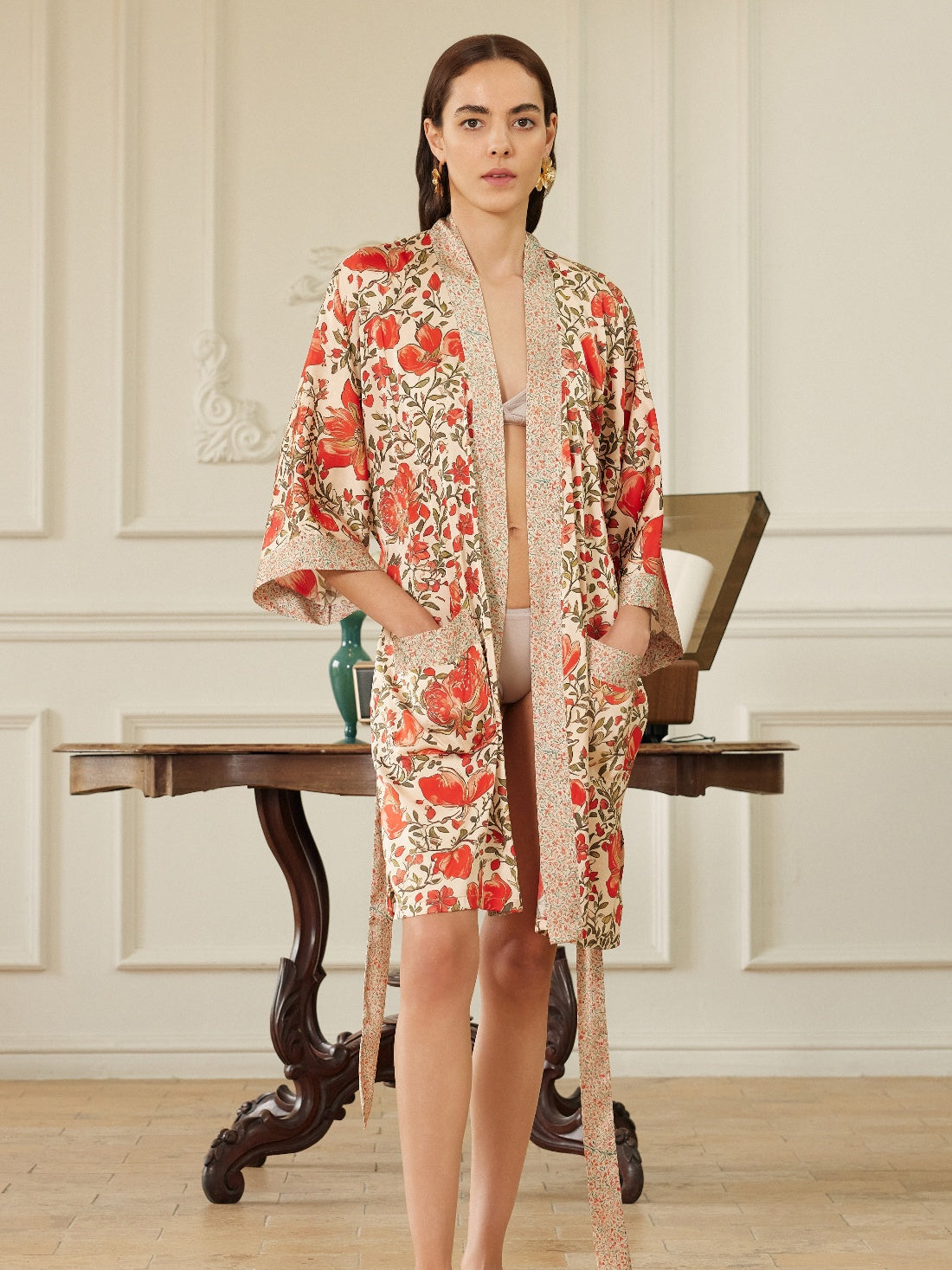 Pomegranate Garden Short  Robe with Pockets