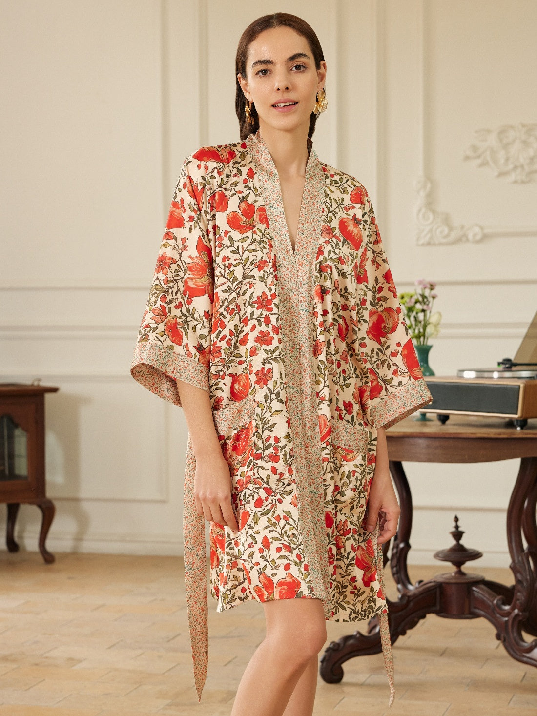 Pomegranate Garden Short  Robe with Pockets