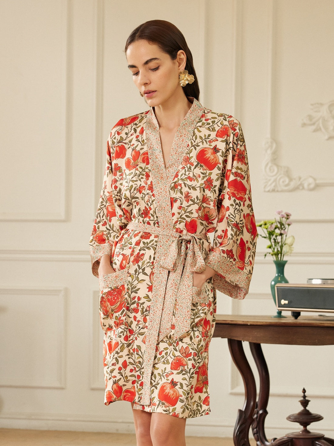 Pomegranate Garden Short  Robe with Pockets