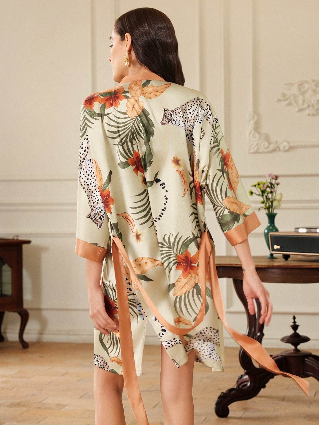 Orange Leopard Short Kimono Robe