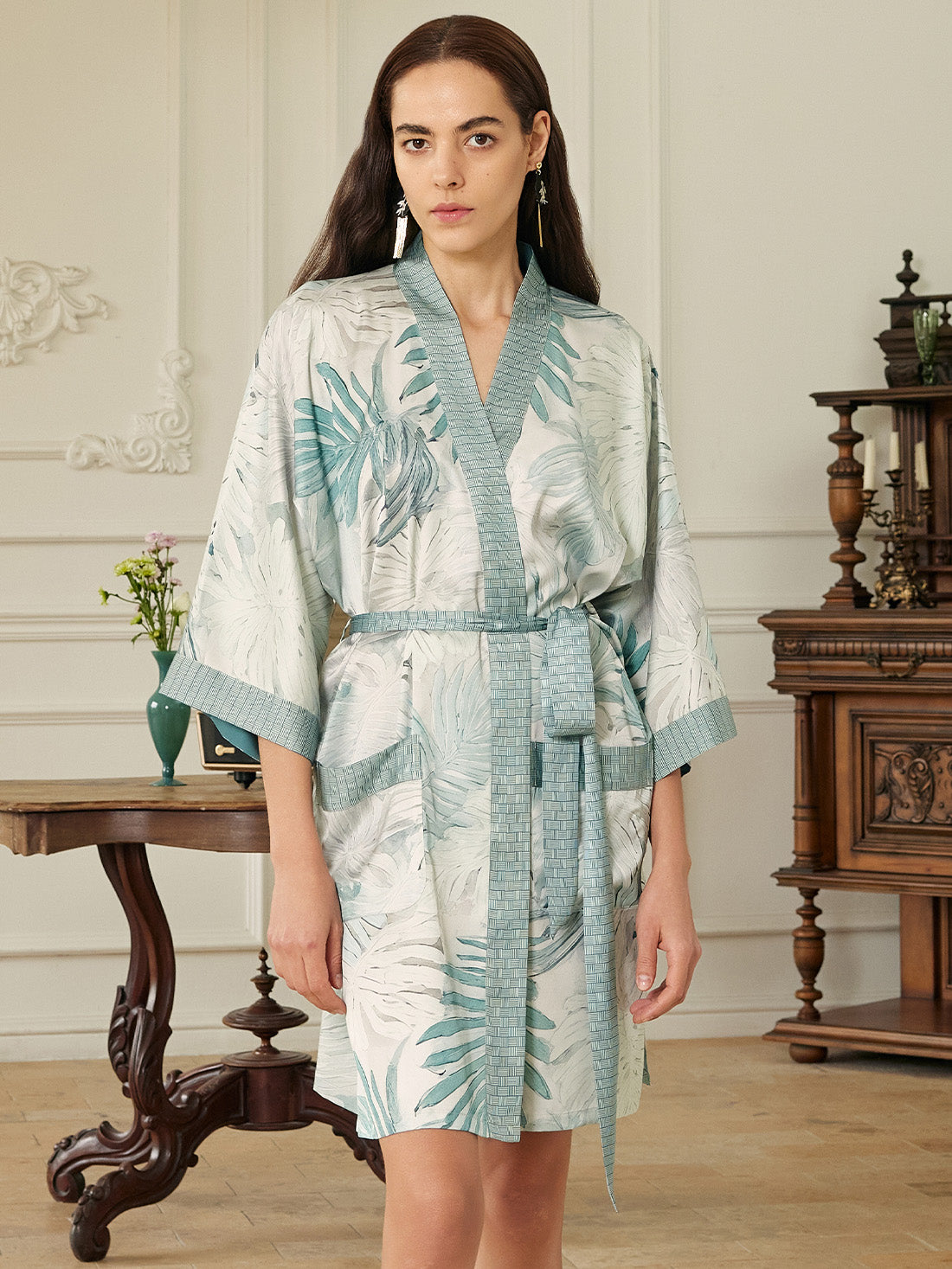 Tropical Palm Leaf Short Robe with Pockets