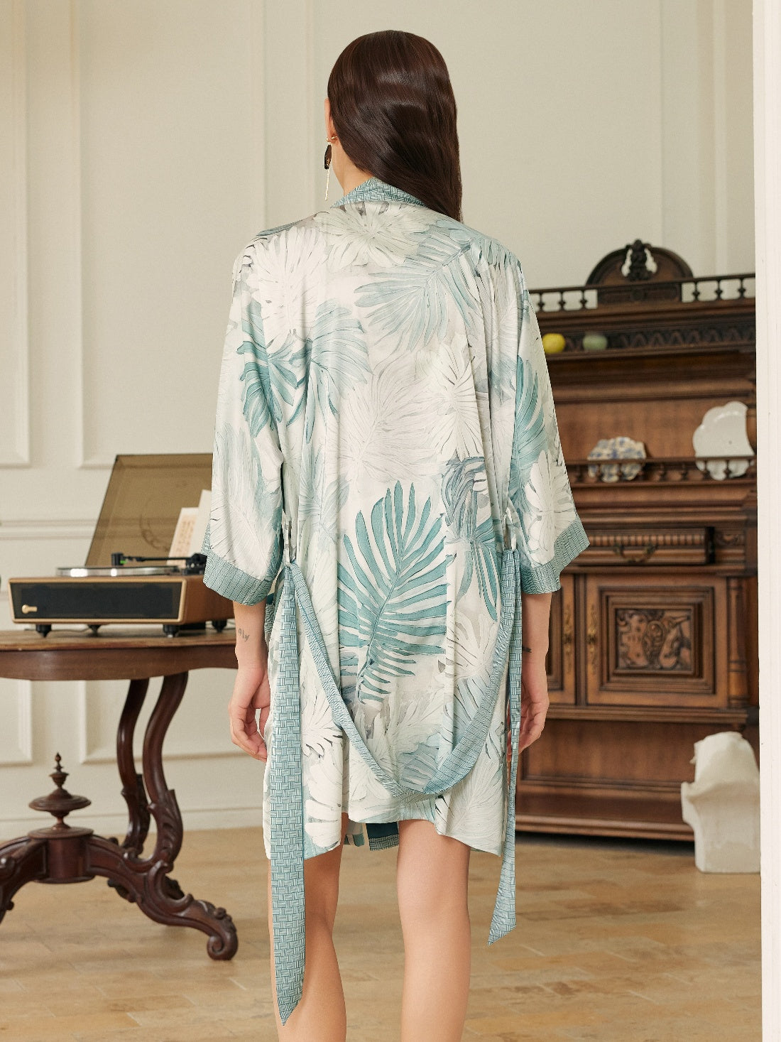 Tropical Palm Leaf Short Robe with Pockets