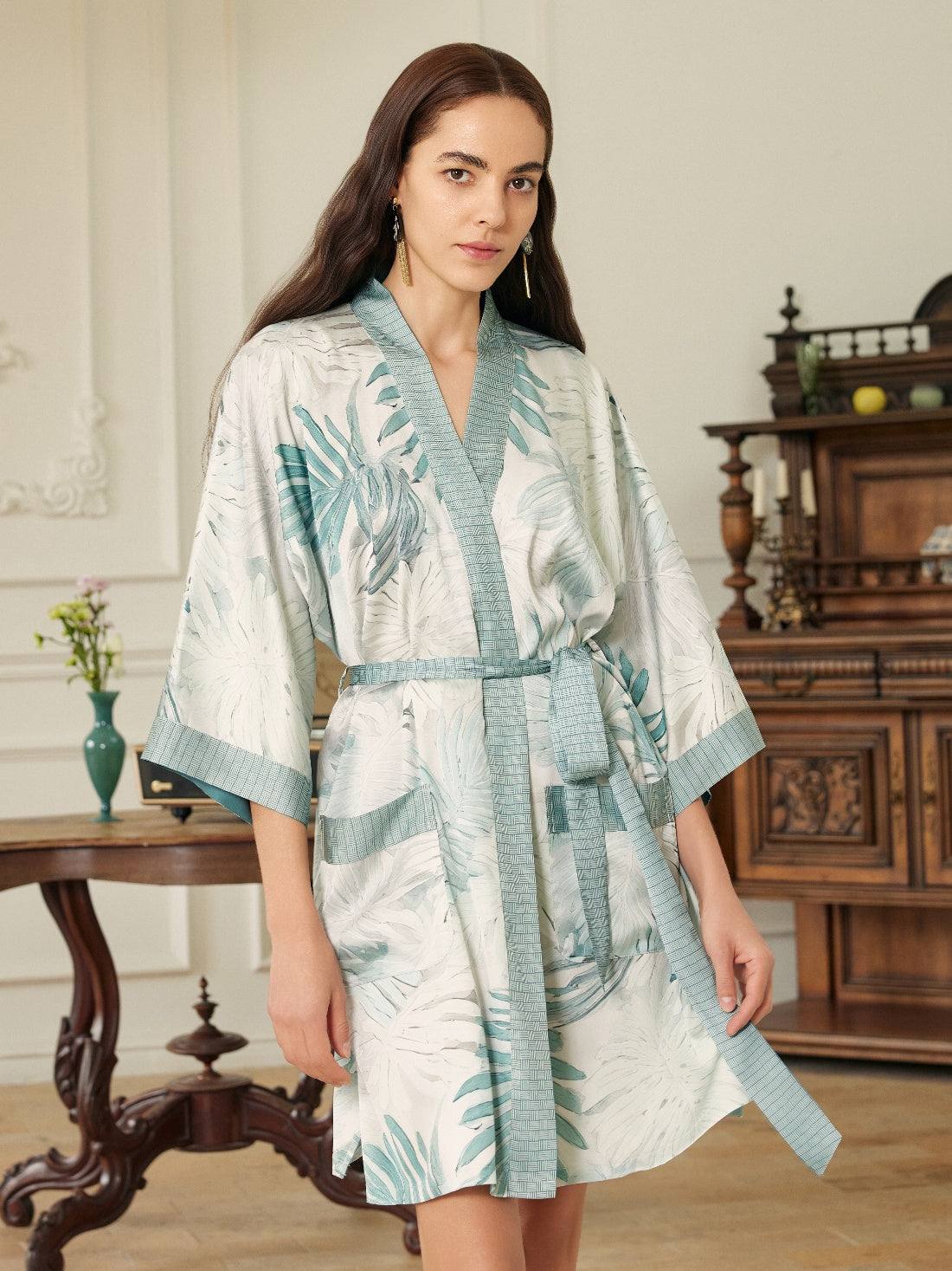 Tropical Palm Leaf Short Robe with Pockets