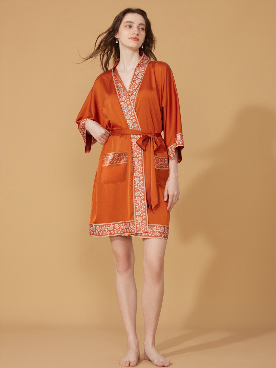 Luxuriously Orange Embellished Flower Short Robe with Pockets