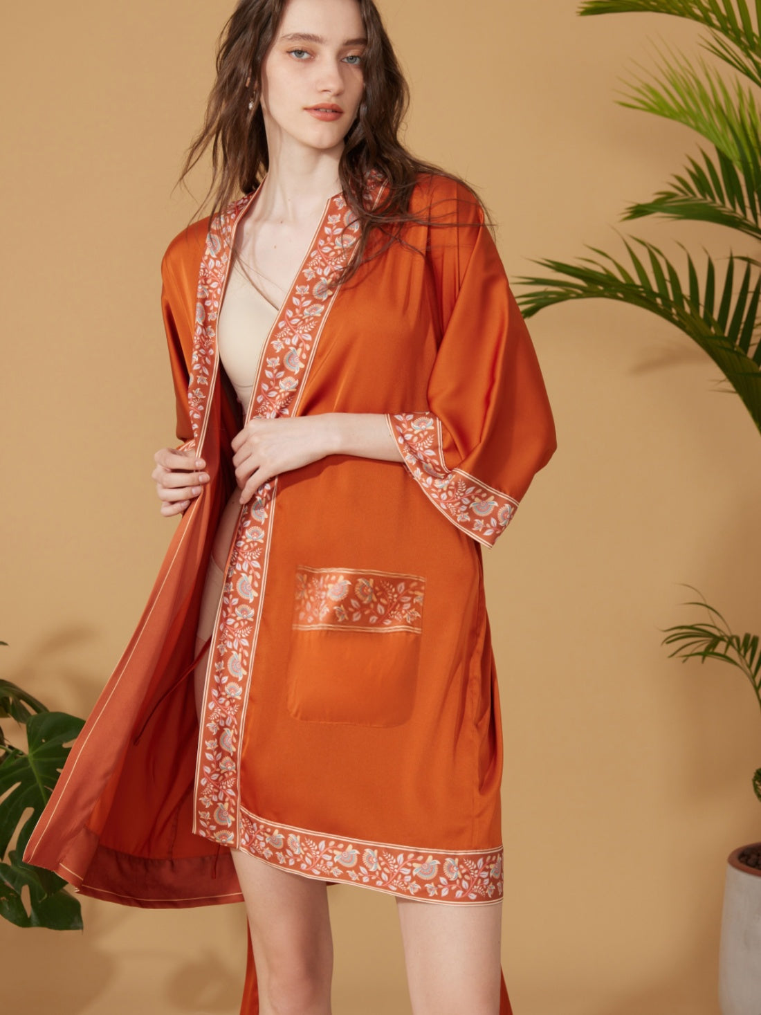 Luxuriously Orange Embellished Flower Short Robe with Pockets