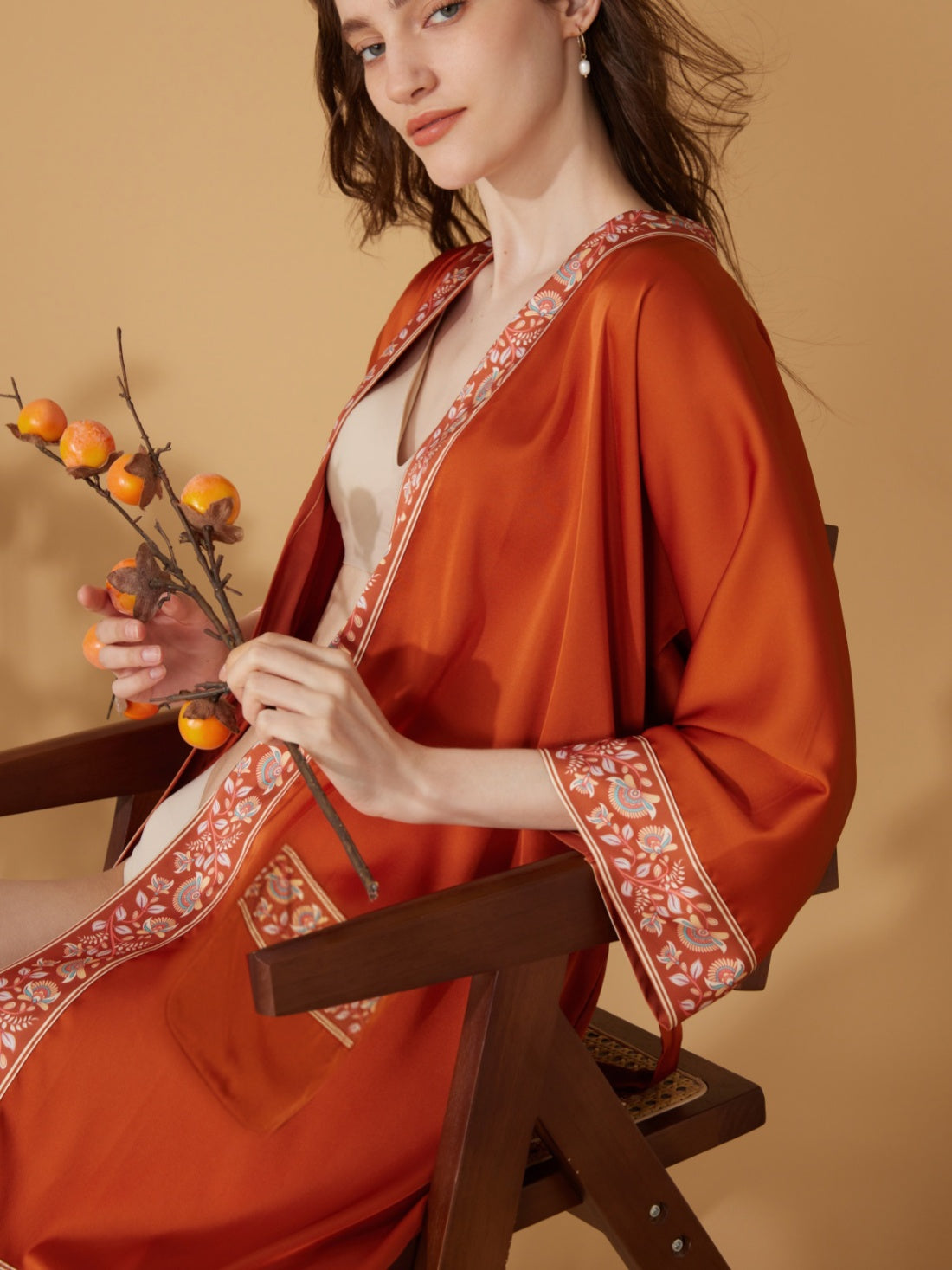 Luxuriously Orange Embellished Flower Short Robe with Pockets