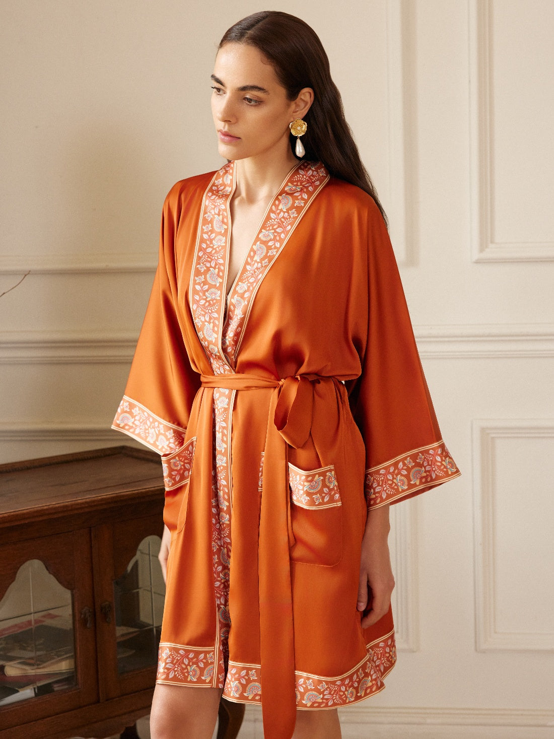 Luxuriously Orange Embellished Flower Short Robe with Pockets