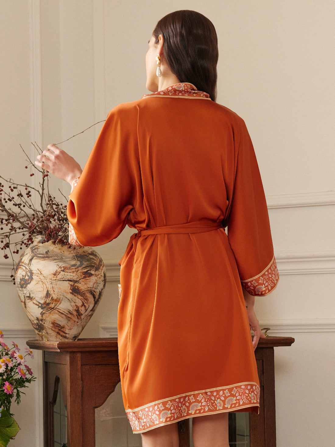 Luxuriously Orange Embellished Flower Short Robe with Pockets