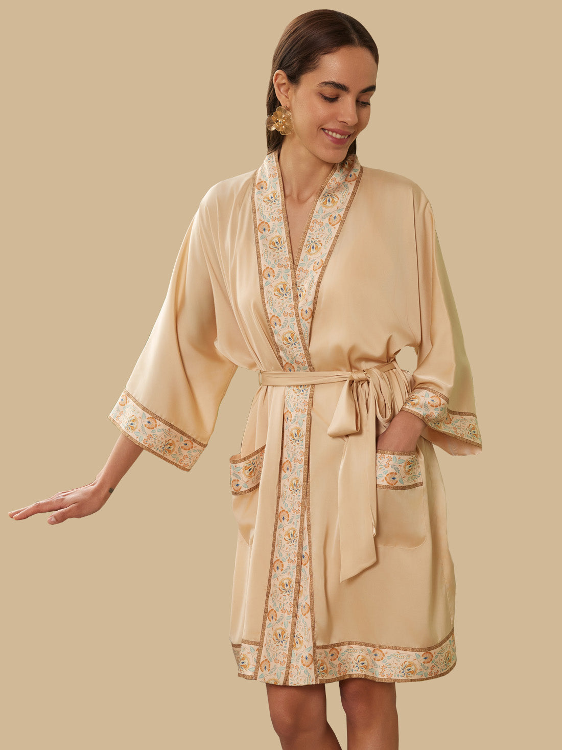 Champagne Gold Embellished Flower Short Robe with Pockets