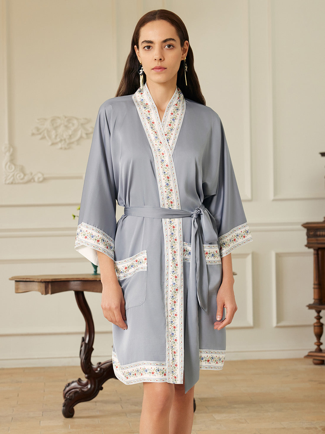 Light Blue Embellished Flower Short Robe with Pockets