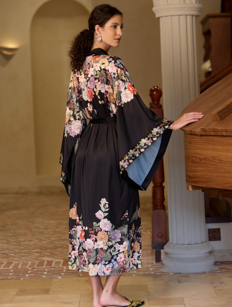 Black Floral Cluster Kimono Robe