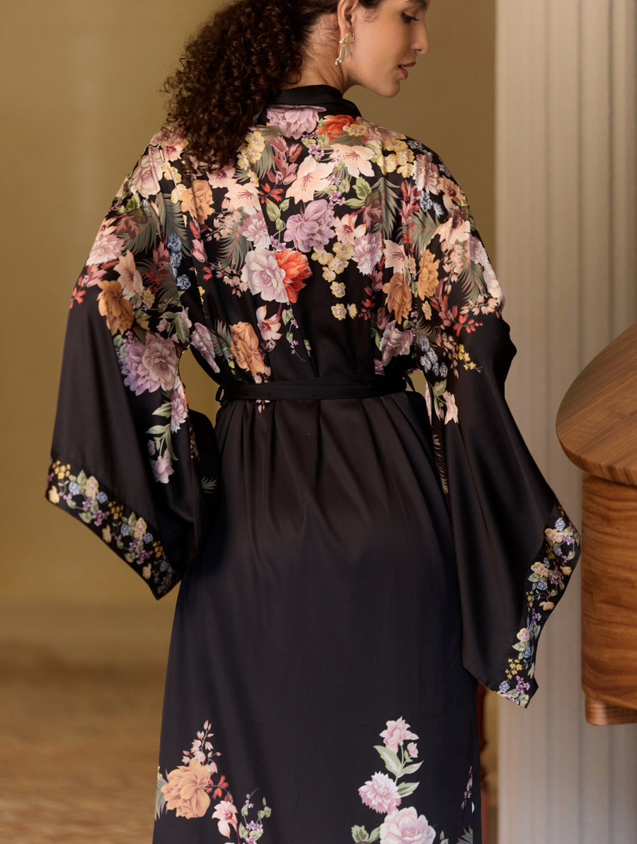 Black Floral Cluster Kimono Robe
