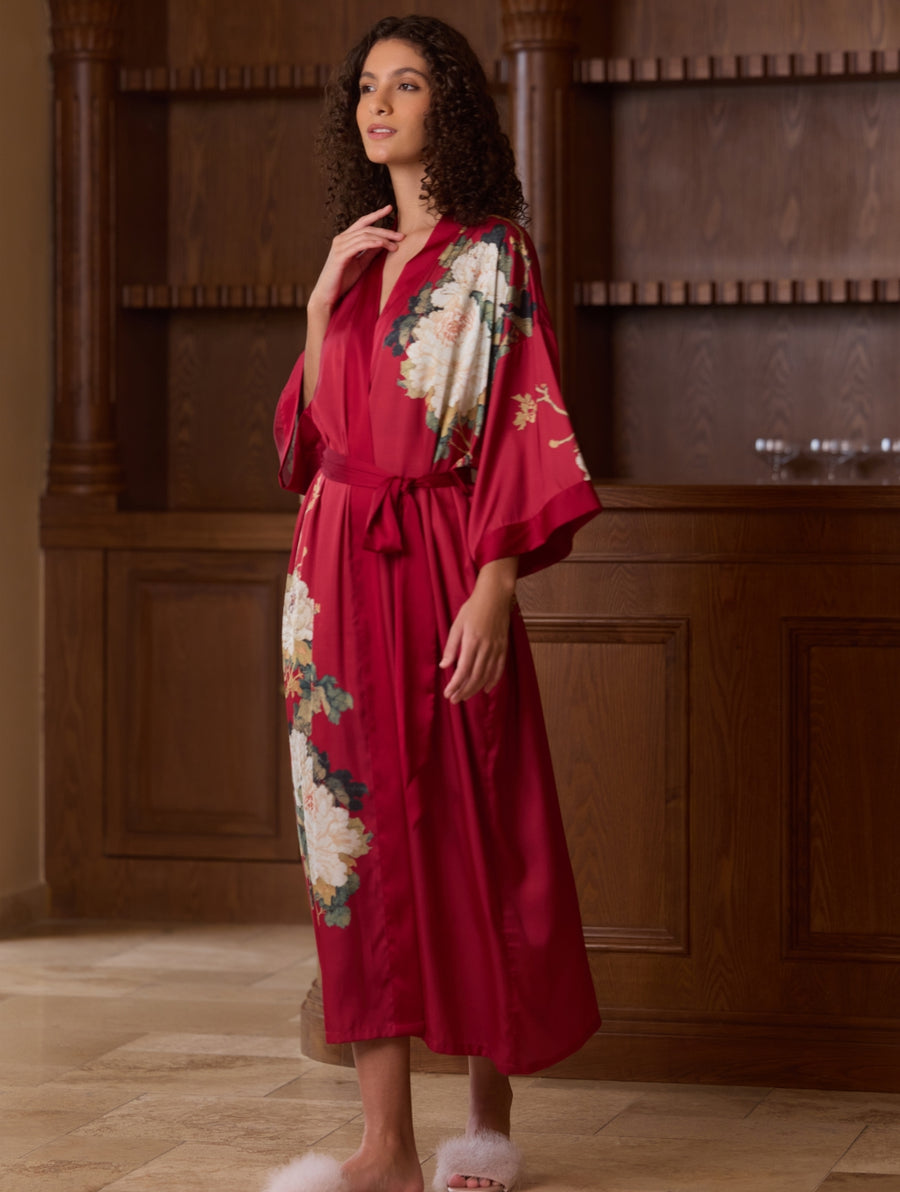 Crimson Floral Bloom Kimono Robe