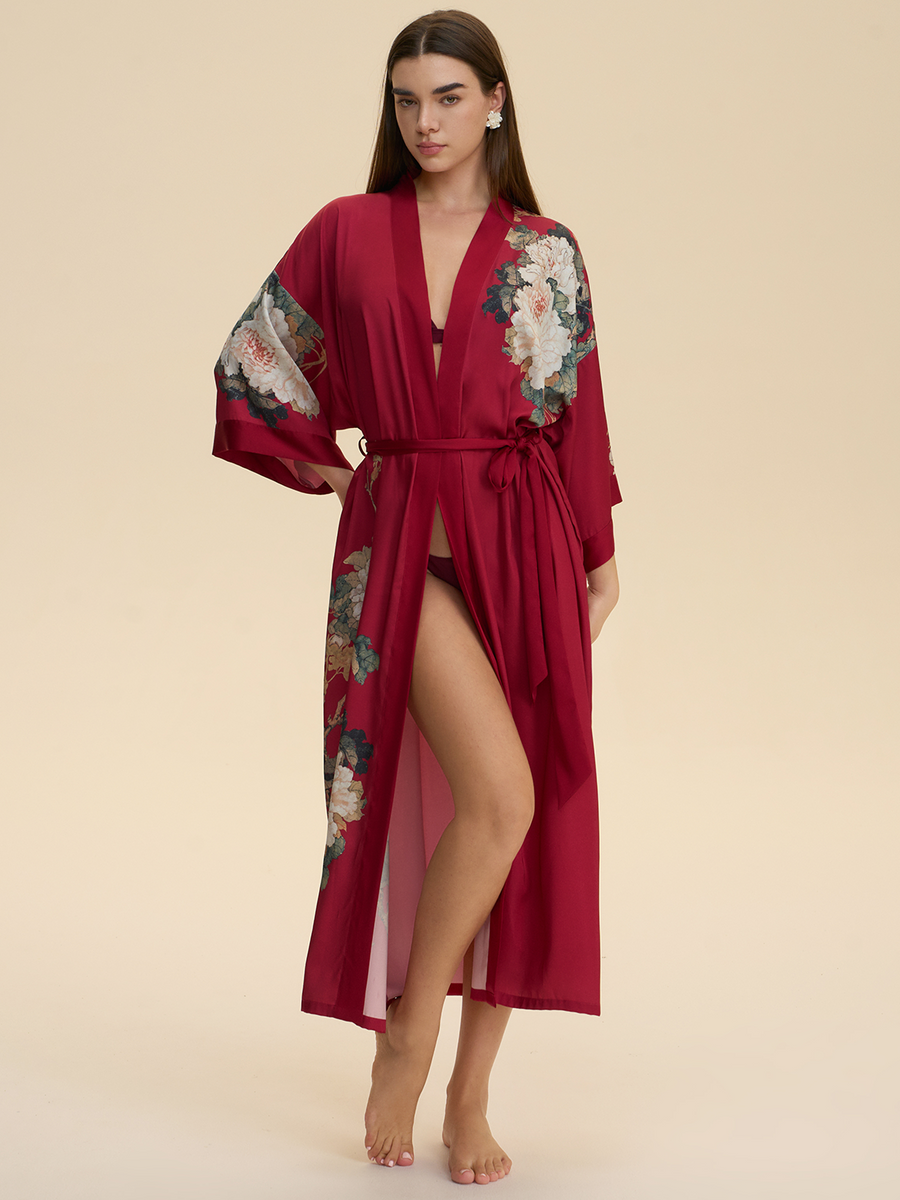 Crimson Floral Bloom Kimono Robe