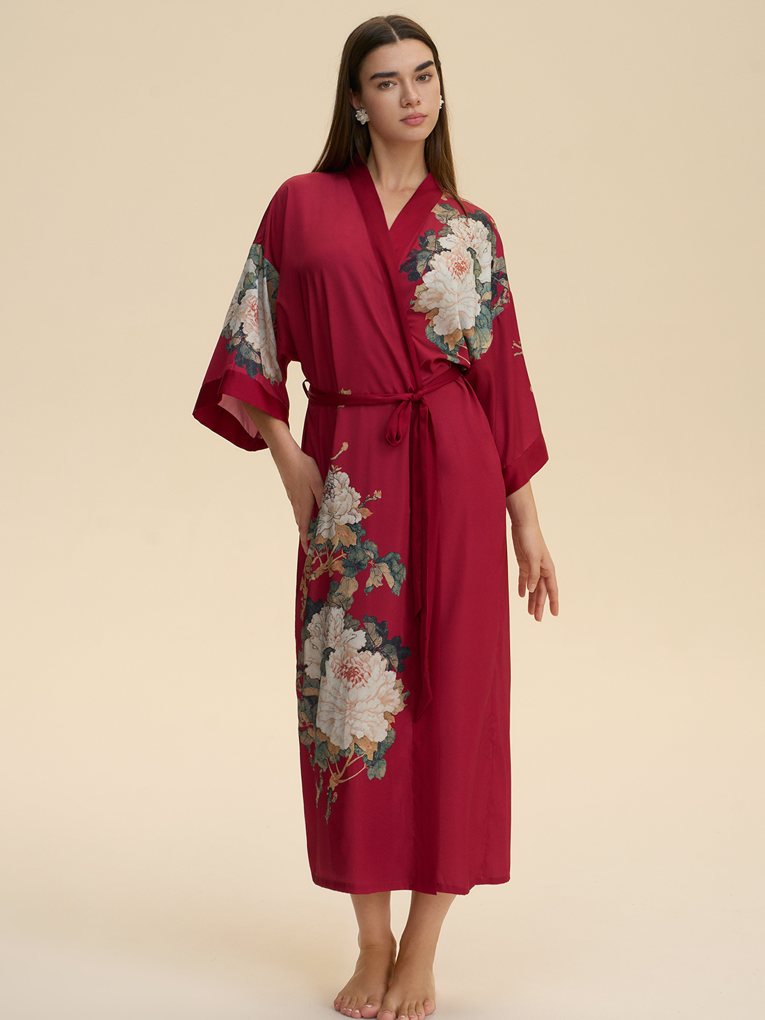 Crimson Floral Bloom Kimono Robe