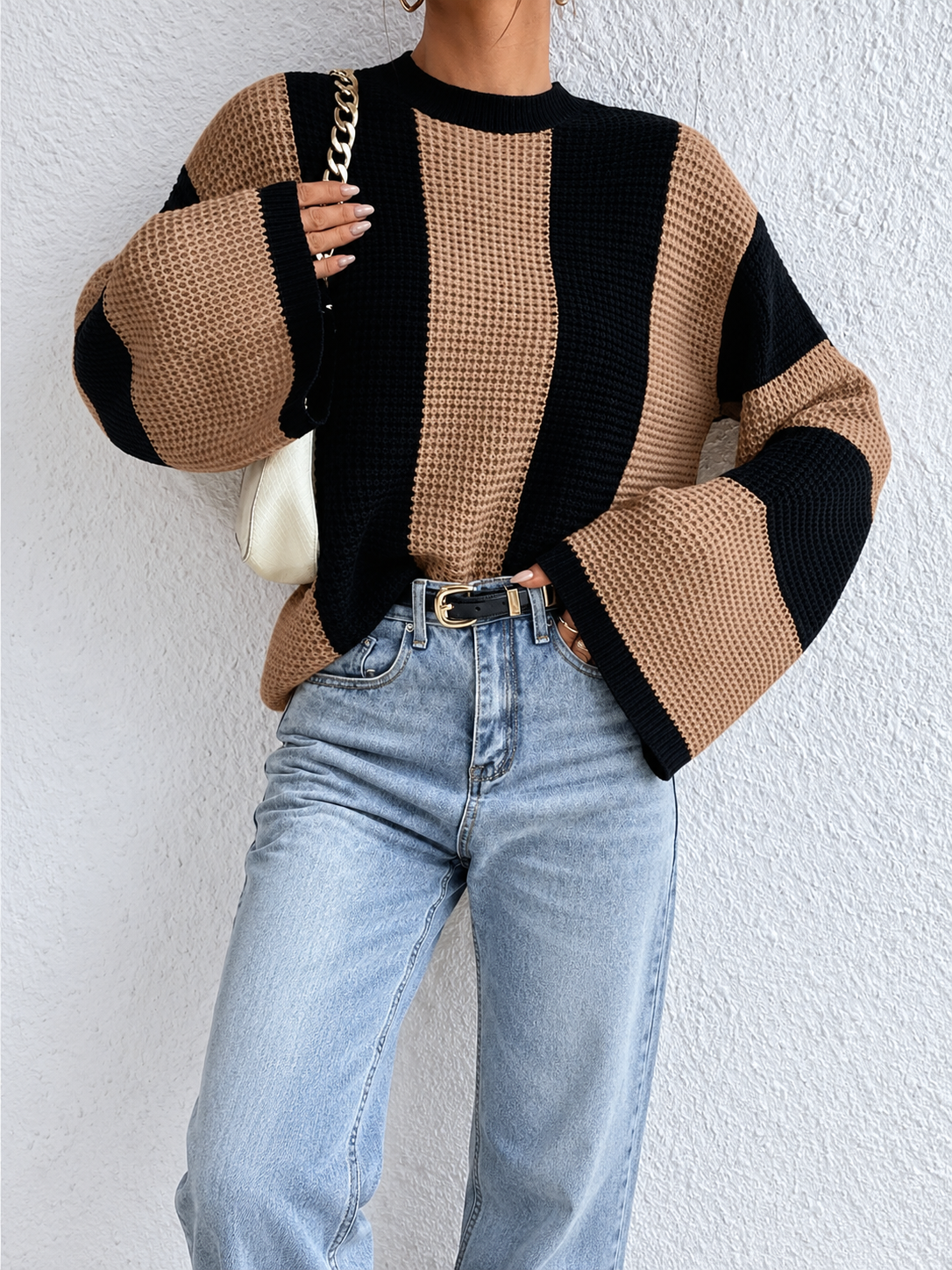 Minimalist Wide Stripe Flared Sleeve Sweater