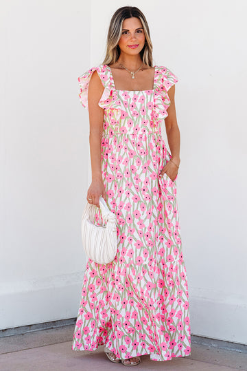 Green Floral Print V Neck Ruffled Trim Backless Tassel Waist Maxi Dres –  ulivary