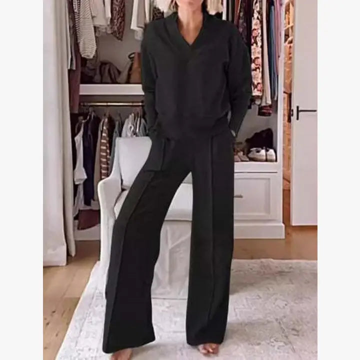 Ribbed Loungewear Set with Wide-Leg Pants