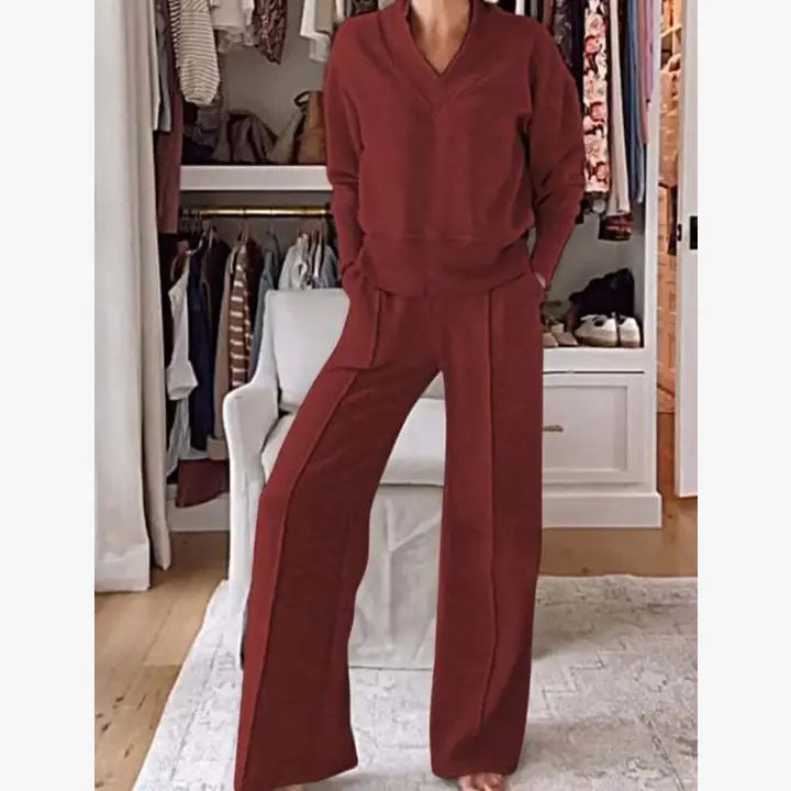 Ribbed Loungewear Set with Wide-Leg Pants