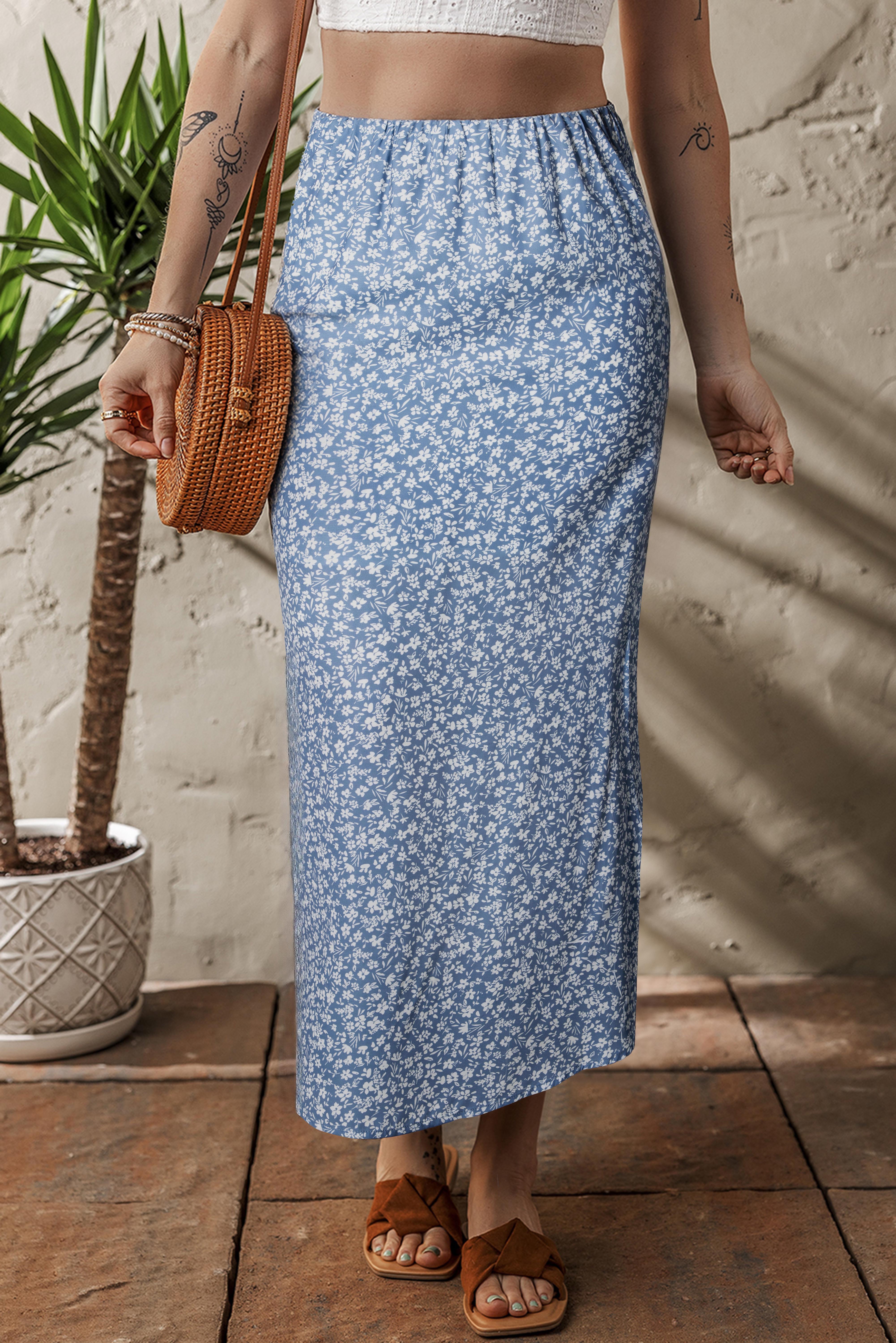 Sky Blue Boho Floral High Waist Long Skirt Side Split