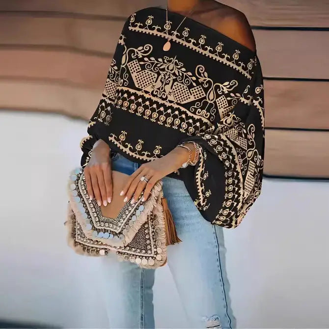 Fashionable Airy Printed Loose Slant Neck Top