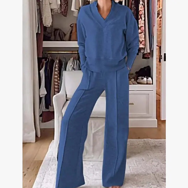 Ribbed Loungewear Set with Wide-Leg Pants
