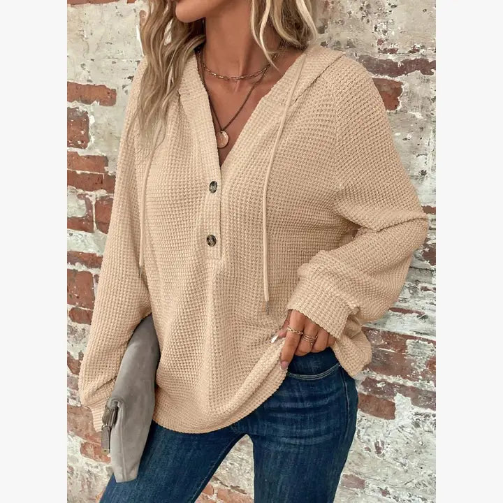 Cross-Border Women’s Waffle Knit V-Neck Hoodie