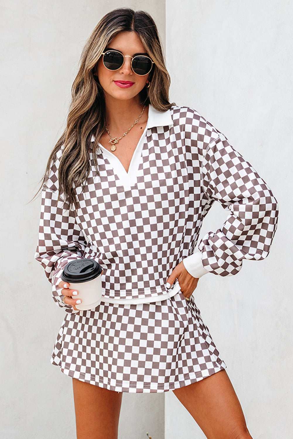 Checkered Print Polo Collar Cropped Long Sleeve Top Drawstring Mini Skirt Set