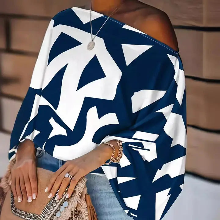 Fashionable Airy Printed Loose Slant Neck Top