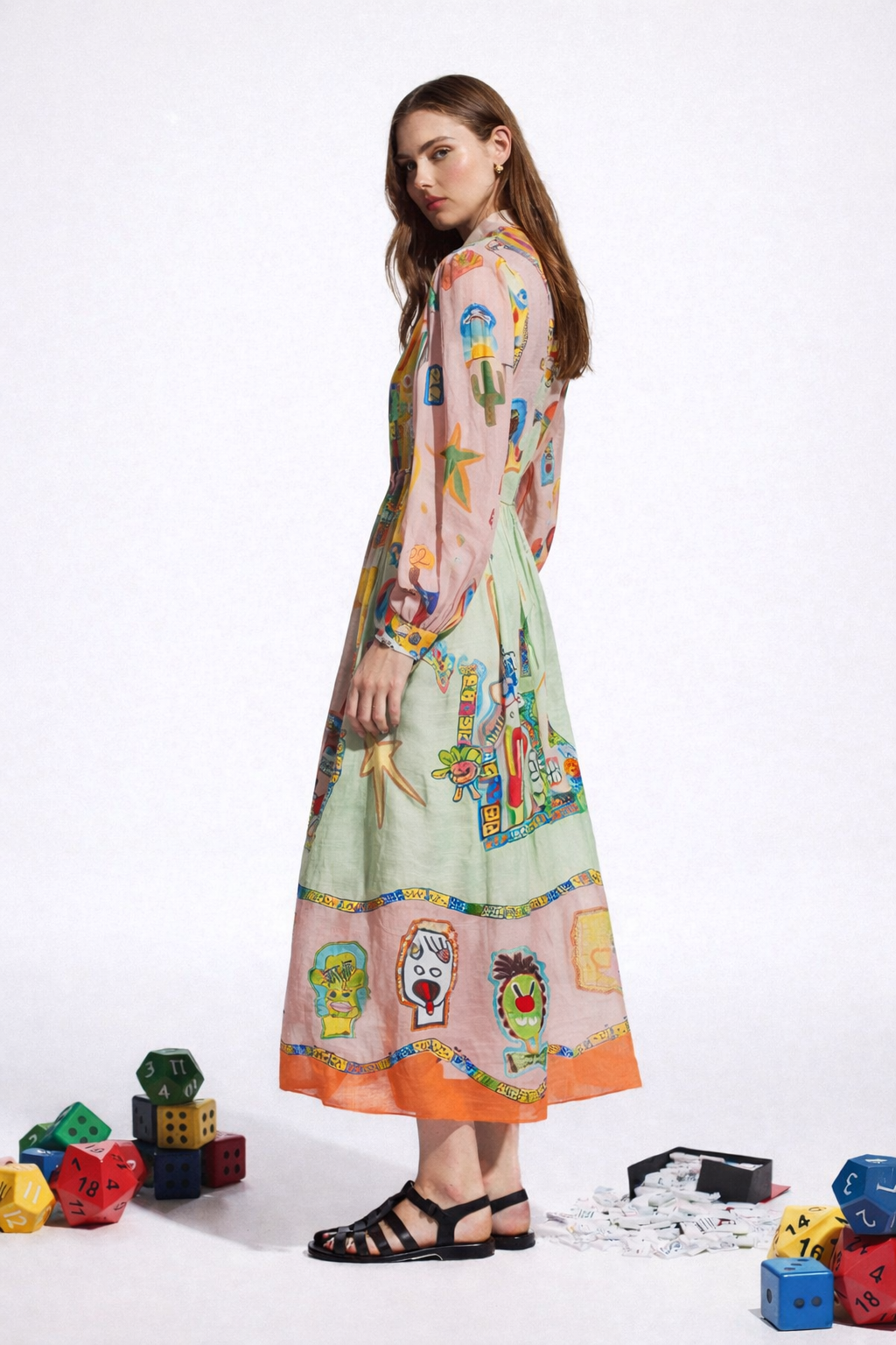 Colorblock Balloon Sleeve Belted Shirt Midi Dress