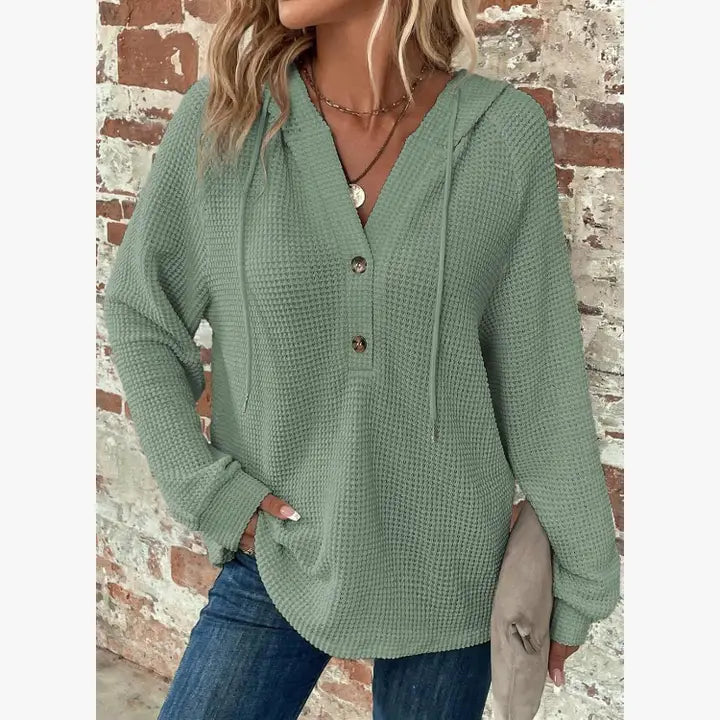 Cross-Border Women’s Waffle Knit V-Neck Hoodie