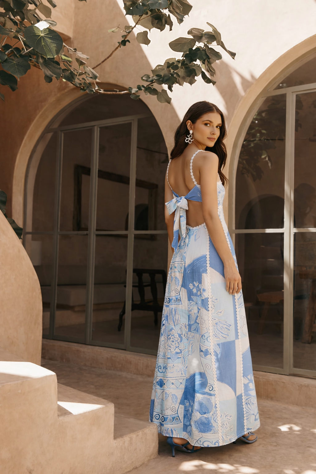 Lace-Trim Patchwork Halter Maxi Dress with Back Tie