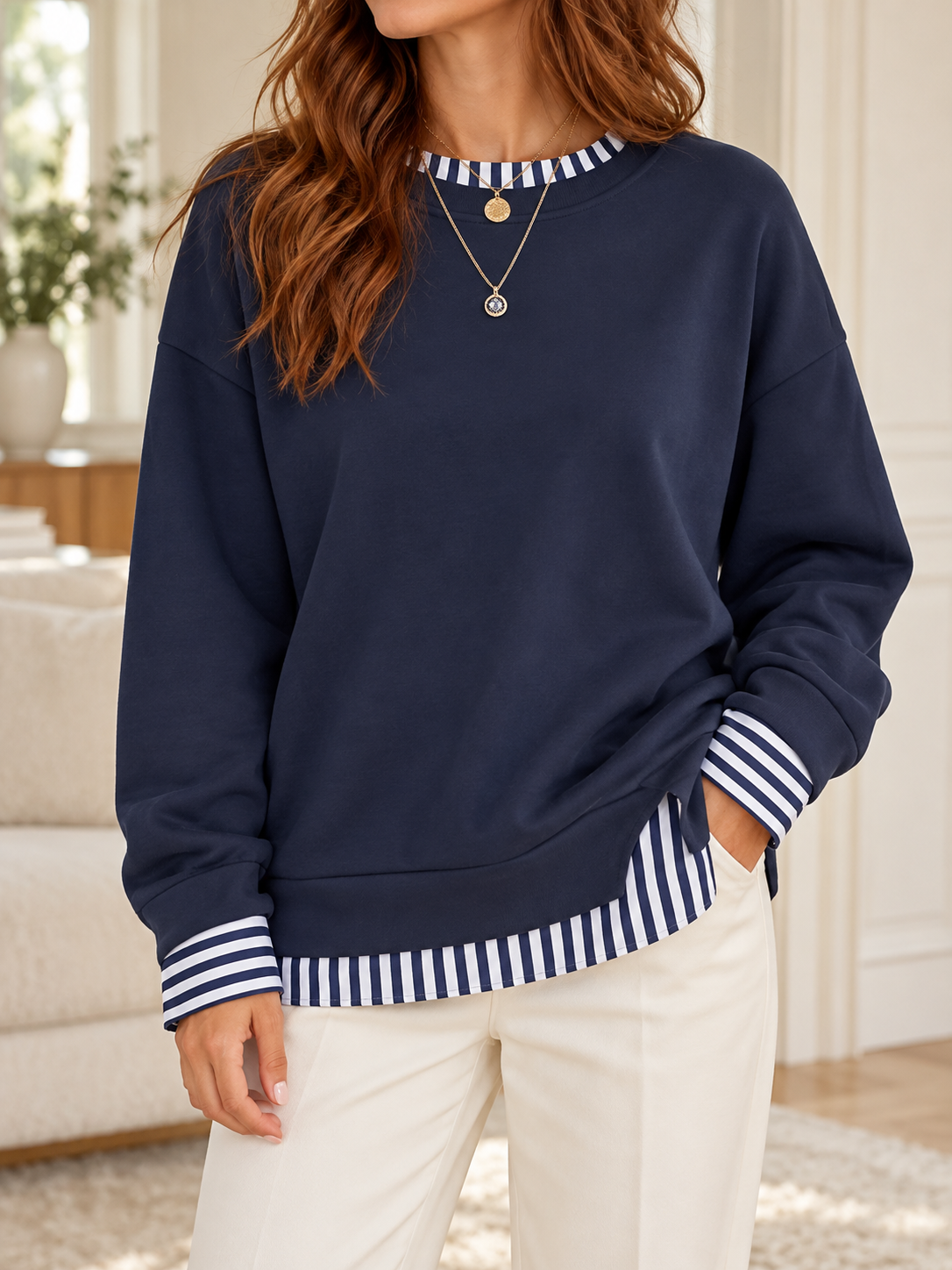 Striped Trim Layered Look Sweatshirt with Relaxed Silhouette