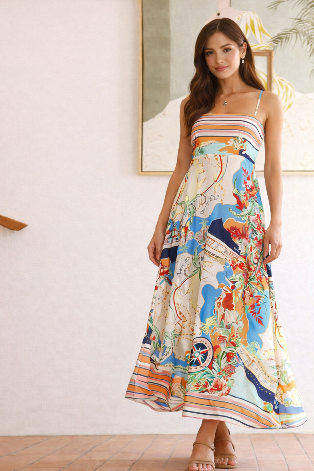 Geometric Floral Print Sleeveless Midi Dress