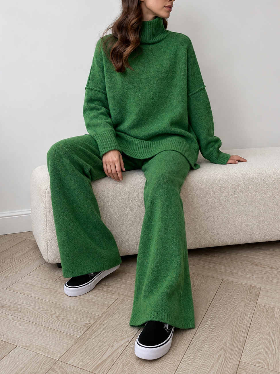 Green Turtleneck Sweater and Wide Leg Pants Knit Set