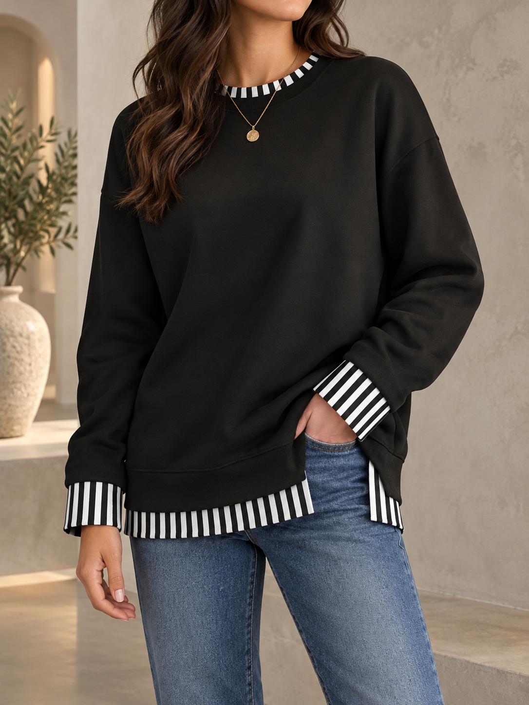 Striped Trim Layered Look Sweatshirt with Relaxed Silhouette