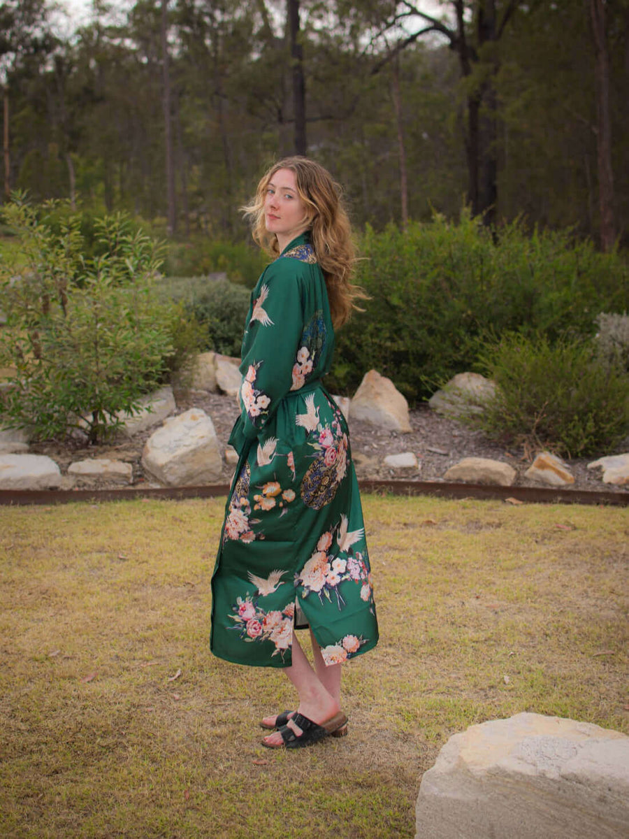 Green Floral Robe Kimono | Luxury Female Dressing Gown - Ulivary Green Floral Robe Kimono | Luxury Female Dressing Gown - Ulivary