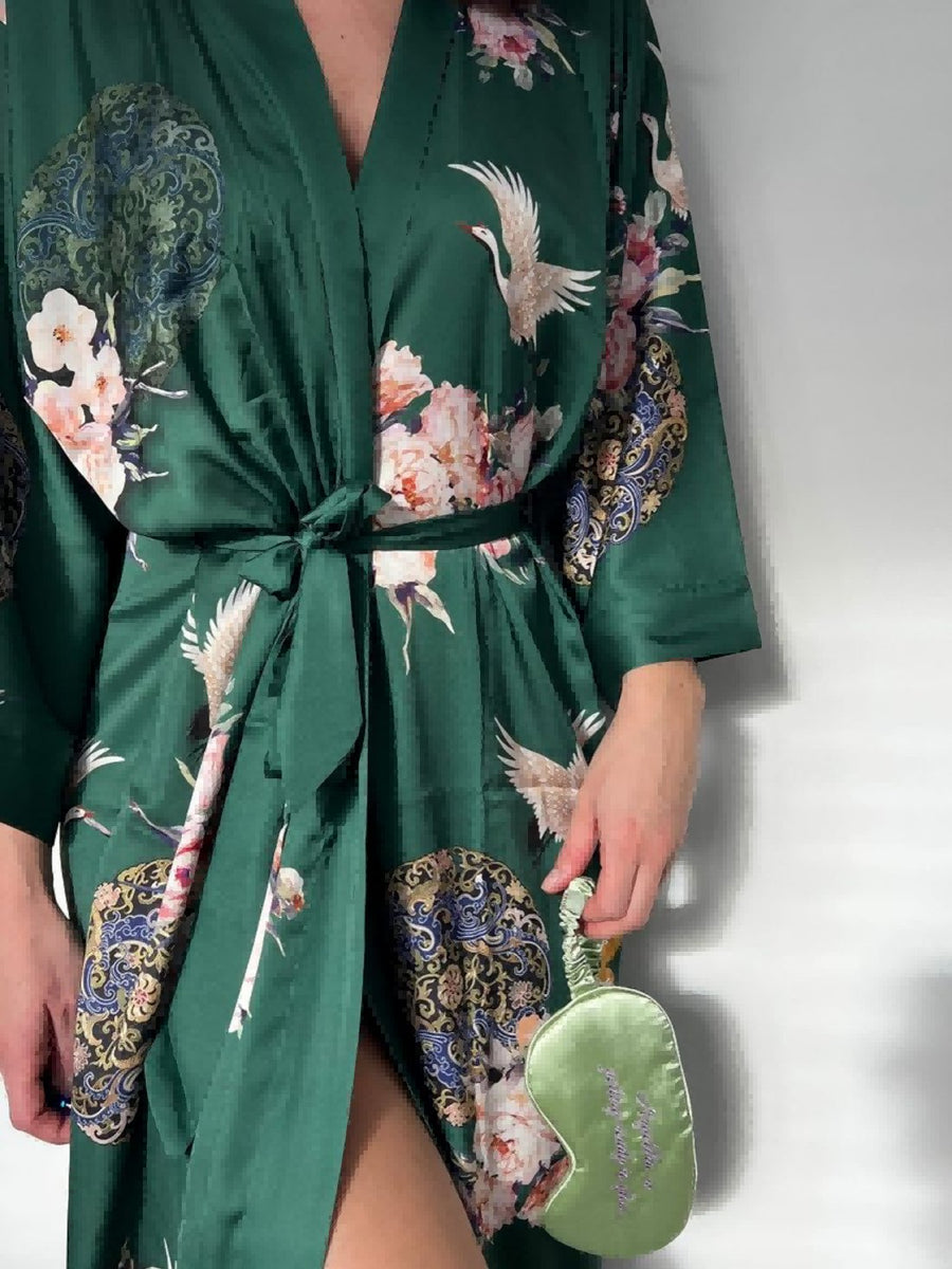 Garden Crane Green Kimono Robe