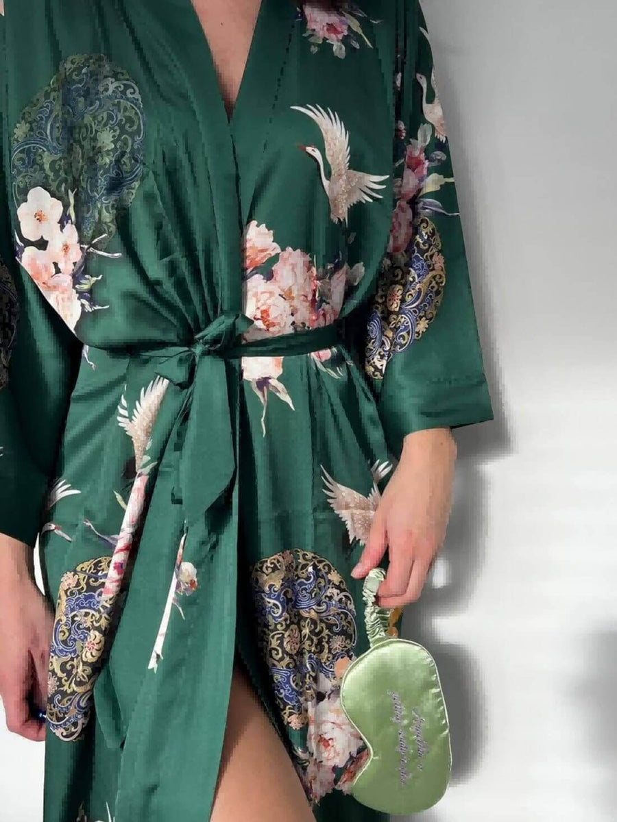 Green Floral Robe Kimono | Luxury Female Dressing Gown - Ulivary Green Floral Robe Kimono | Luxury Female Dressing Gown - Ulivary