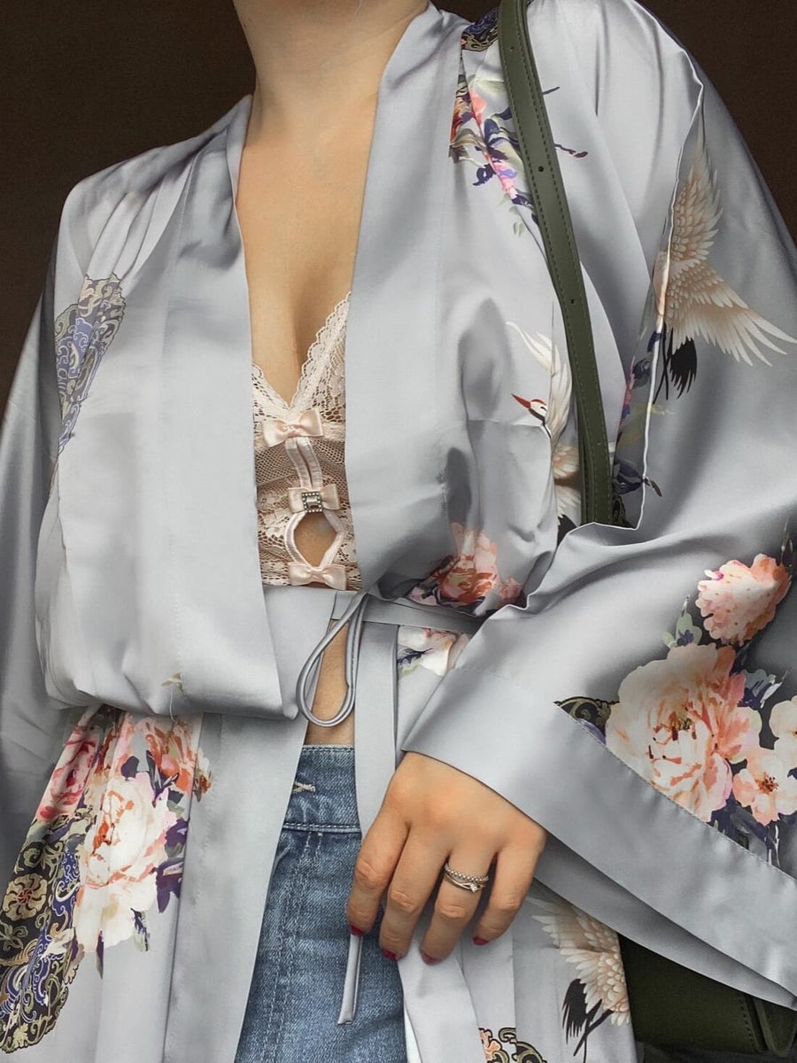 Garden Crane Gray Kimono Robe
