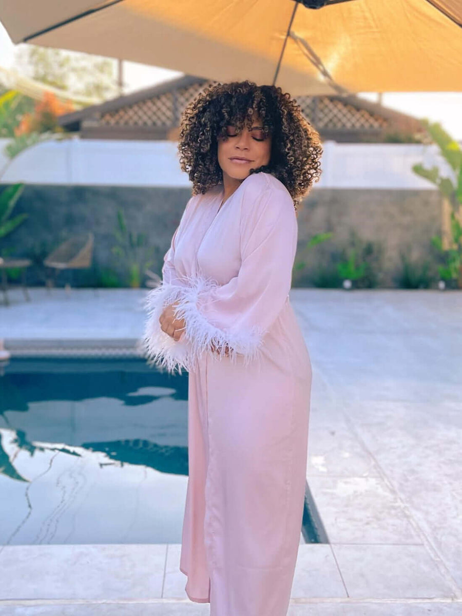 Feather Trim Pink Robe | Robes For Bridal Party | Summer Robes For ...