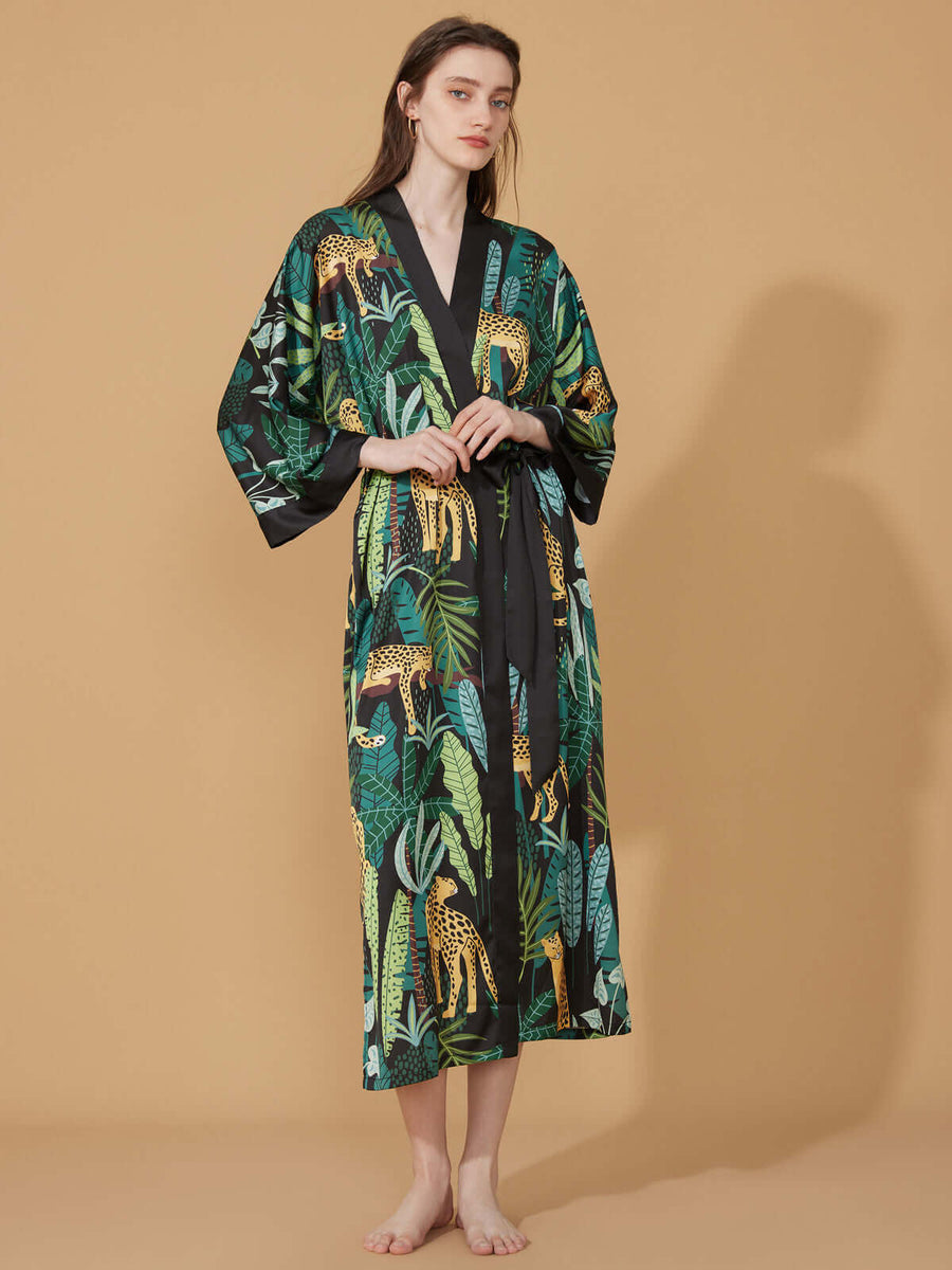 Black & Green Leopard Print Kimono Robe | Cozy Ladies Robe - Ulivary