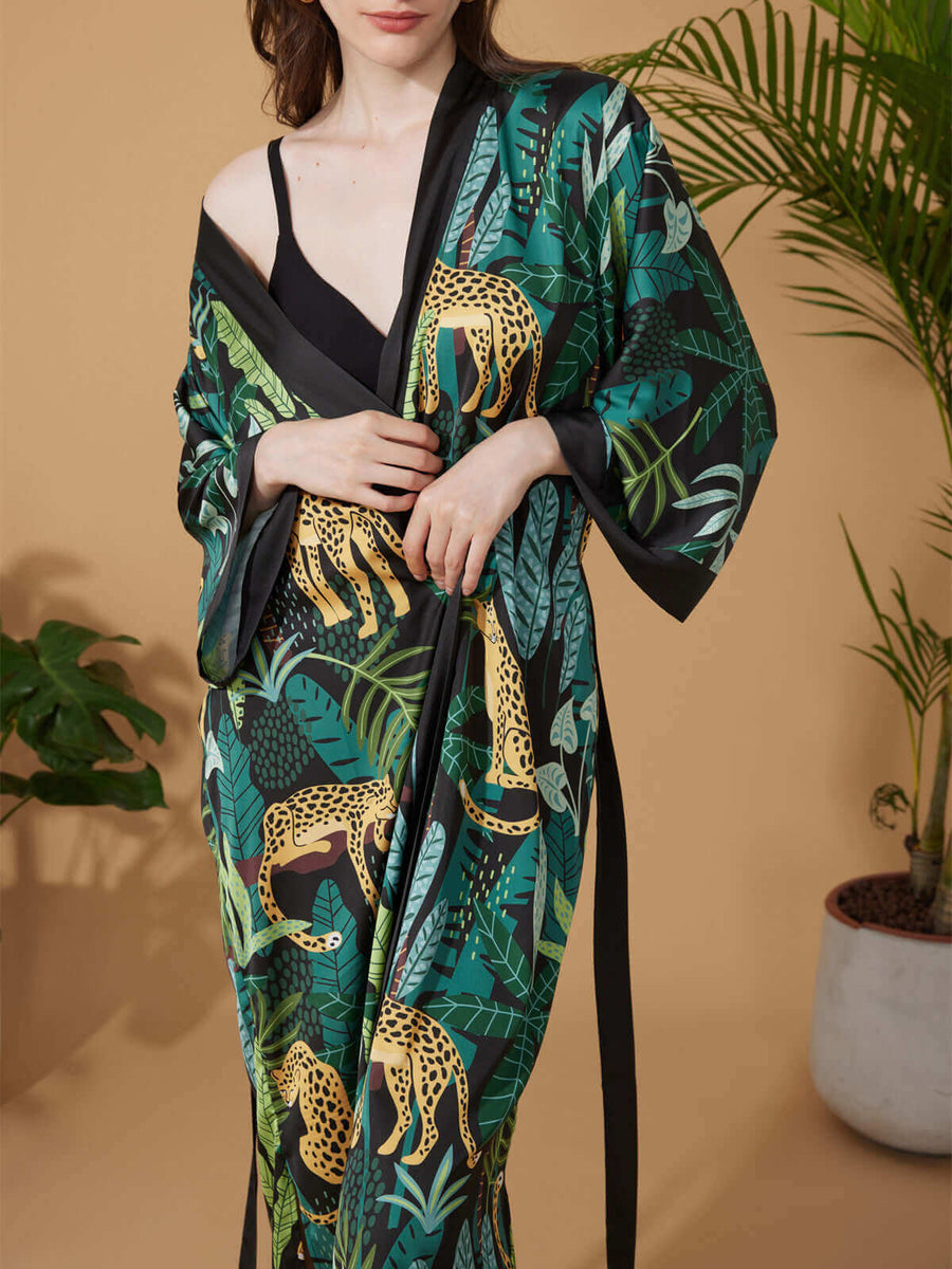 Multicolor Leopard Robe Black & Green Leopard Print Kimono Robe | Cozy Ladies Robe - Ulivary